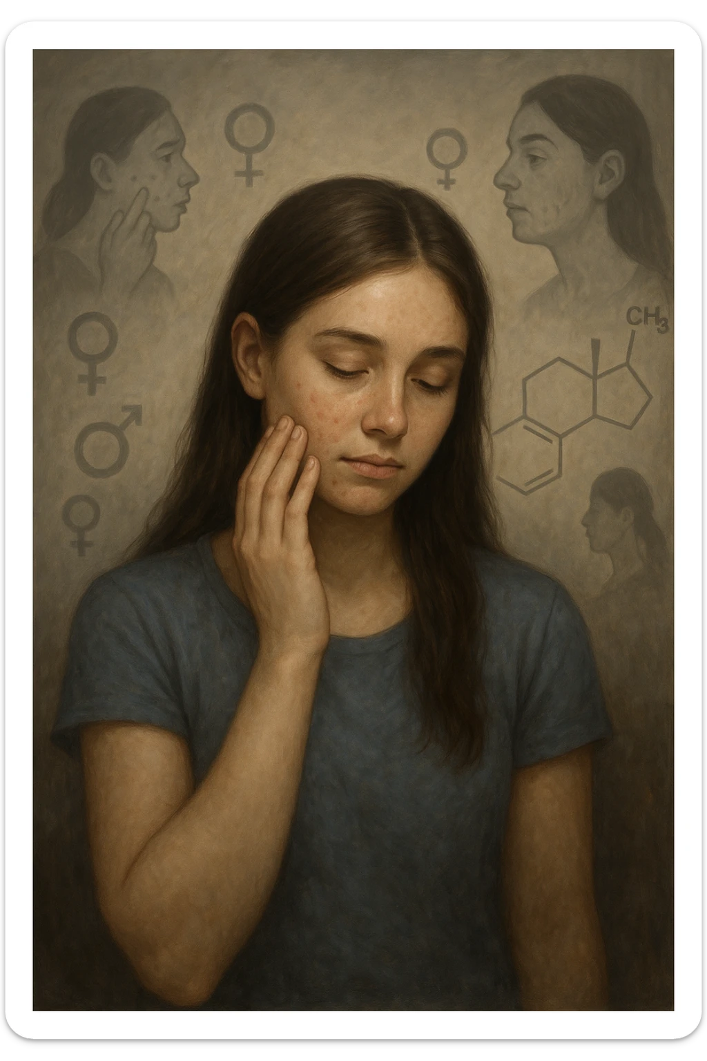 A young woman is surrounded by faint overlays of hormonal symbols and androgen molecules, with shadowy images of acne, facial hair, and oily skin projected around her, symbolizing the symptoms of PCOS with androgen excess. She looks down, gently touching her face with a resigned but hopeful expression, symbolizing her journey toward managing these symptoms. sticker
