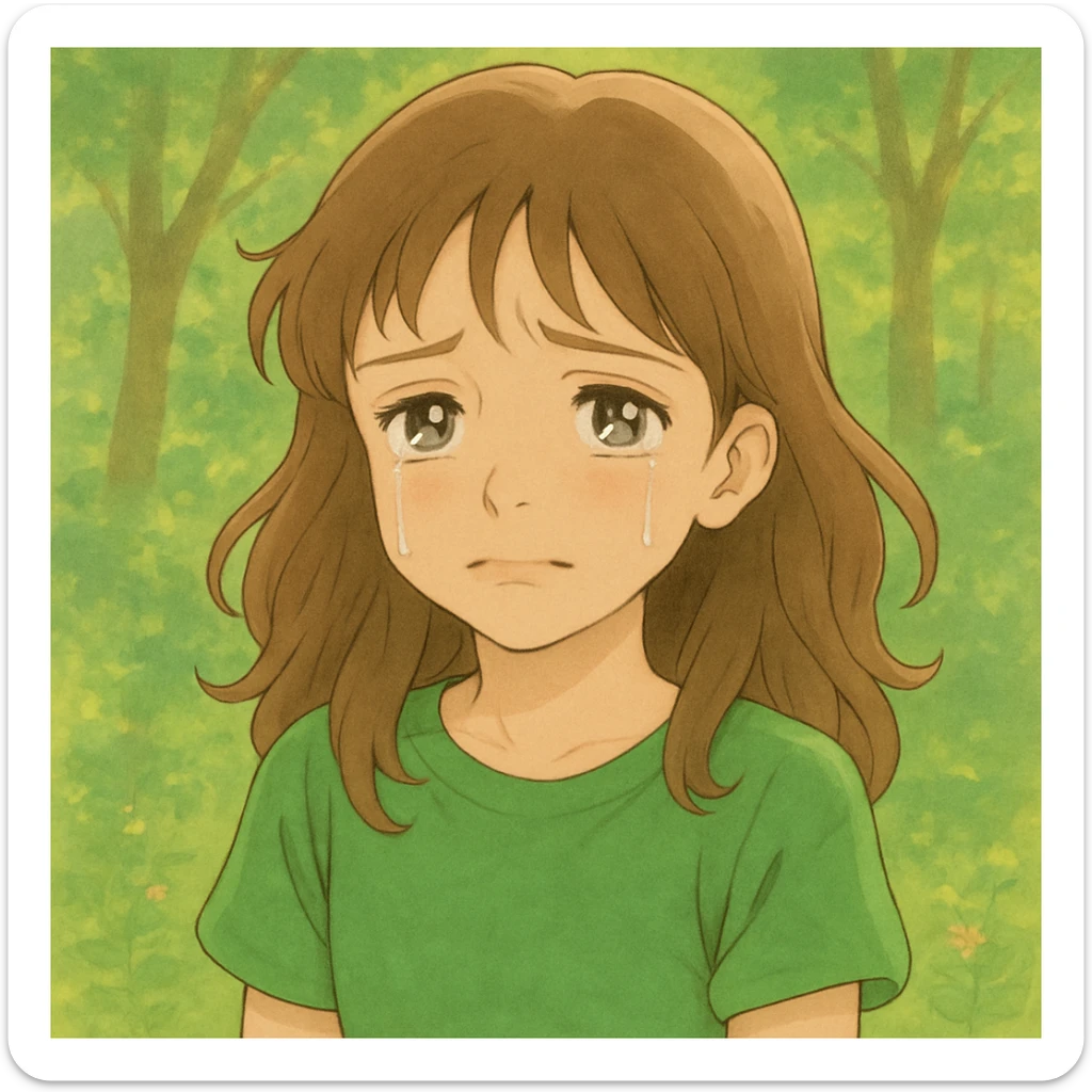 Sad girl wearing a bright green parrot green t-shirt, in Ghibli style, with an automatic background. Use verbose prompts for detailed Ghibli style. sticker