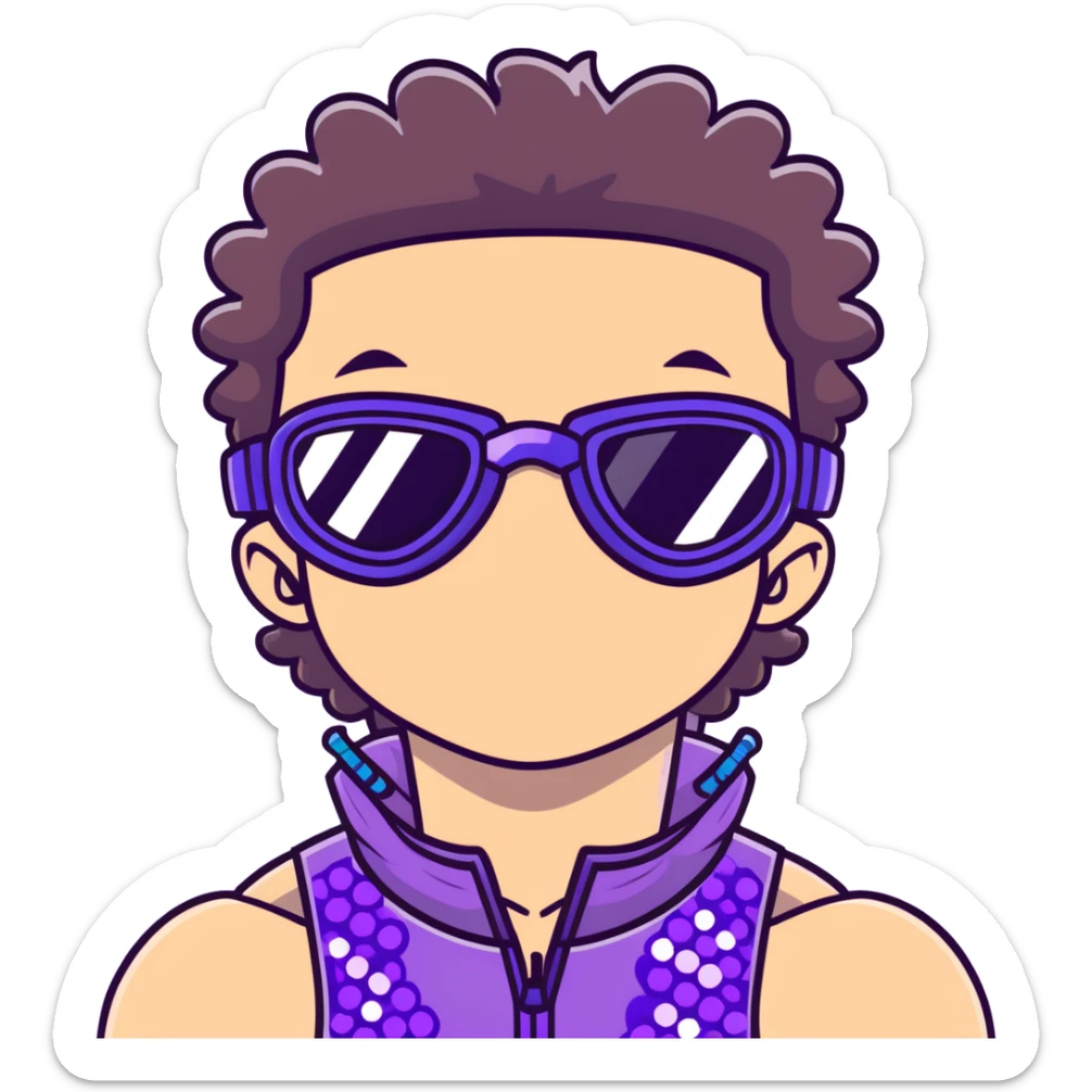 close-up of cool guy male athlete with white skin and moderately curly dark brown hair on top with shaved sides, with one purple ski goggle lens pushed up above his eyes on his forehead, sticking his tongue out of his mouth, a simple plain black chain necklace, and a completely unzipped sleeveless vest with purple and black sequin fire pattern design with no logo sticker