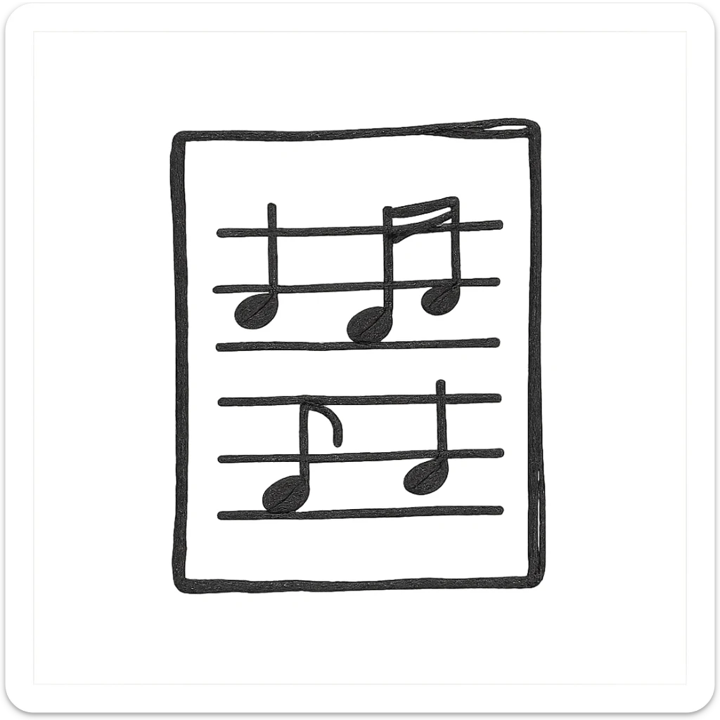 Silhouette of sheet music icon, hand drawn, black outlines, no fill, simple and clean, front view sticker