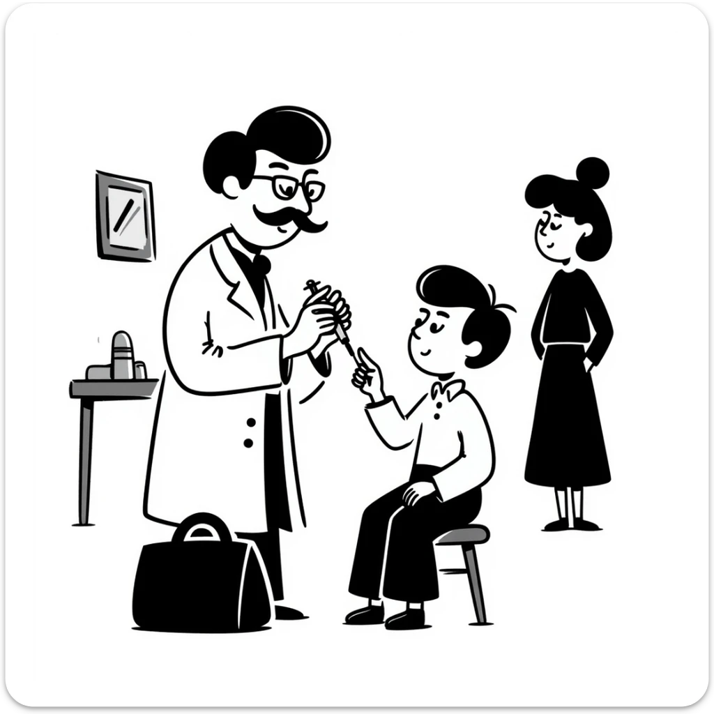 A Victorian doctor giving a young poor boy a vaccination with the boy's mother in the background looking worried sticker