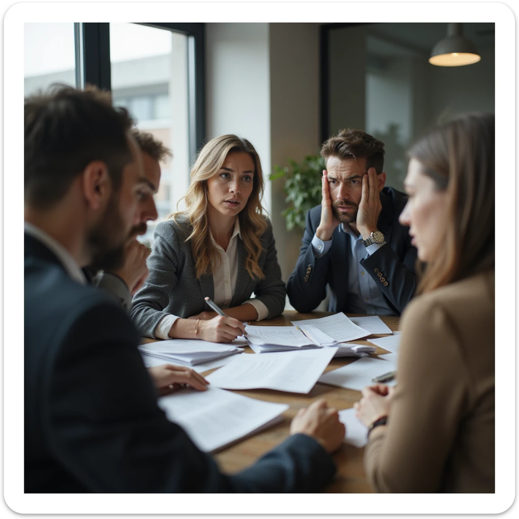 Group of colleagues arguing in an office, tense and frustrated expressions, scattered documents on the desk, work environment, hyperrealistic details, 4K resolution sticker