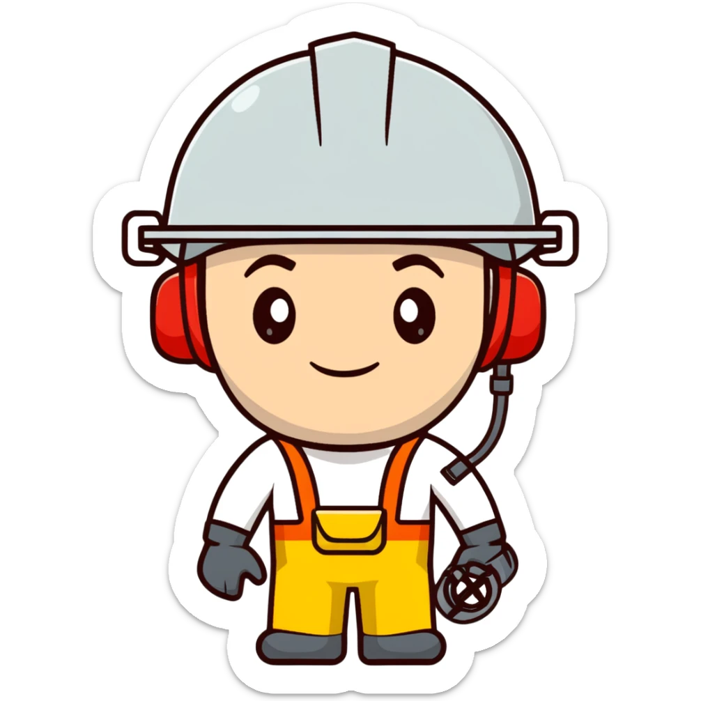 Male oil rig worker in uniform and helmet with safety gear, minimalist design with soft gradients in sky blue, teal green, white, and light gray sticker