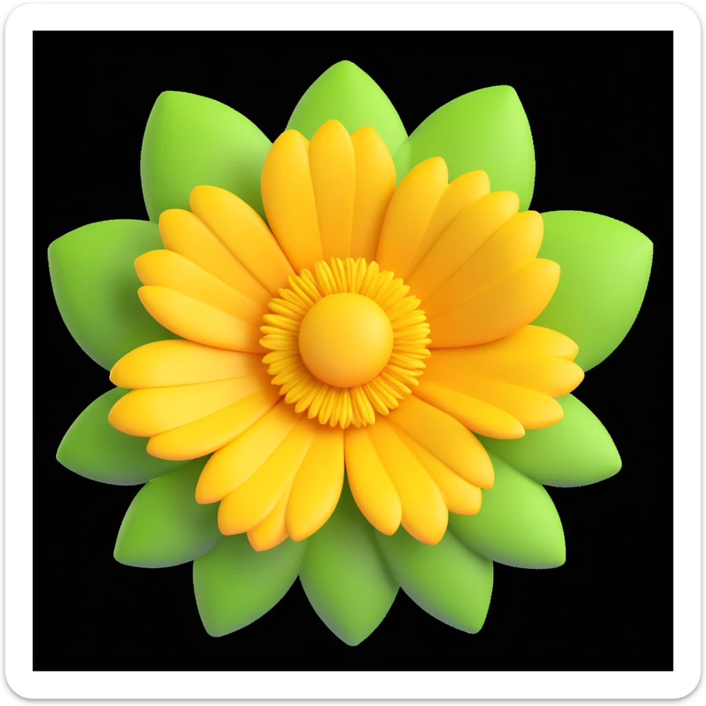 bright yellow flower with detailed petals and textured center, 3D iOS emoji style, leafy green background sticker