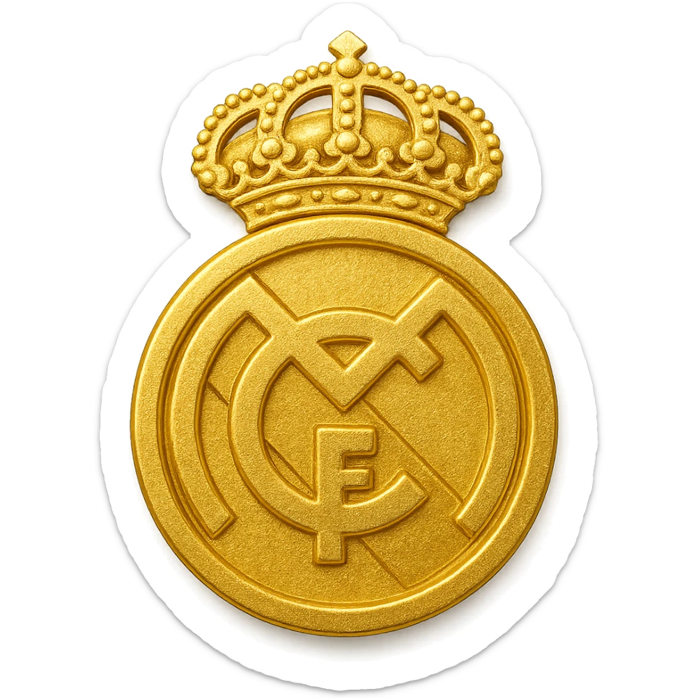 Add a luxurious golden effect to the Real Madrid logo in an emoji style with a transparent background. The style should reflect the look of emoji art with a focus on golden luxury and transparency. sticker