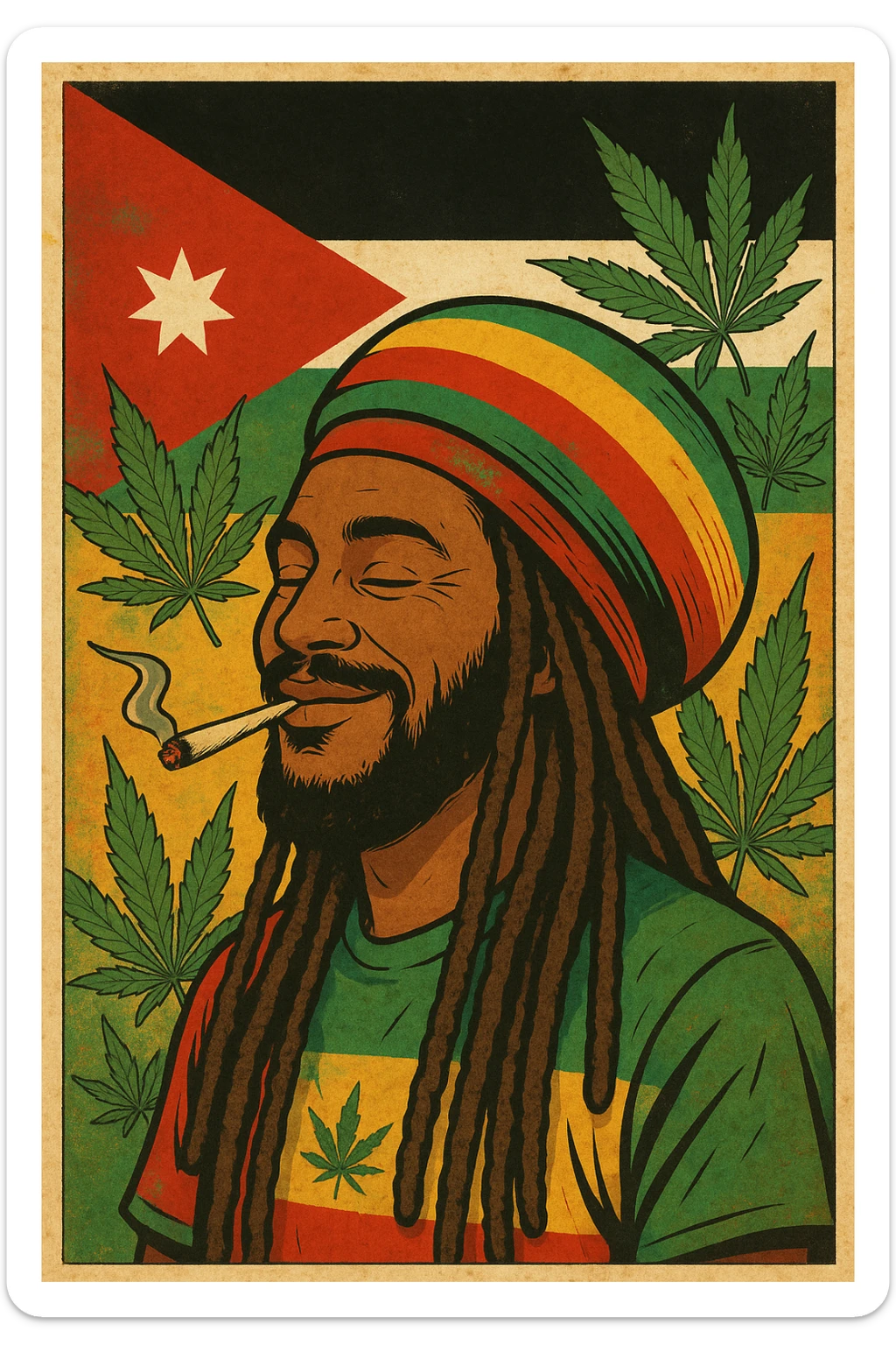 A digital vintage-style poster illustration of a Jordanian Rasta man with dreadlocks, wearing a red, yellow, green striped tam hat. He is smiling peacefully with a lit herbal spliff in his mouth. The background features the official Jordan flag — black, white, green horizontal stripes with a red triangle and a white 7-point star — accurately displayed behind him. Cannabis leaves are tastefully arranged around the composition, and the poster includes Rasta color textures blended with the Jordanian palette. Use a retro poster style with warm, slightly aged textures, bold outlines, and soft shading to evoke a soulful reggae vibe that honors both Jordanian pride and Rasta spirit. The mood is chill, powerful, and respectful sticker