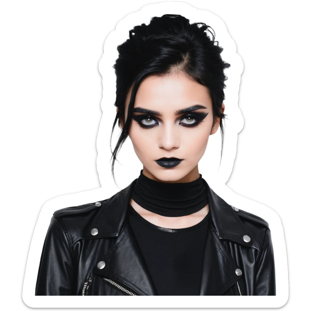 Chucky's bride in a black dress and black leather jacket, heavy dark eye makeup sticker