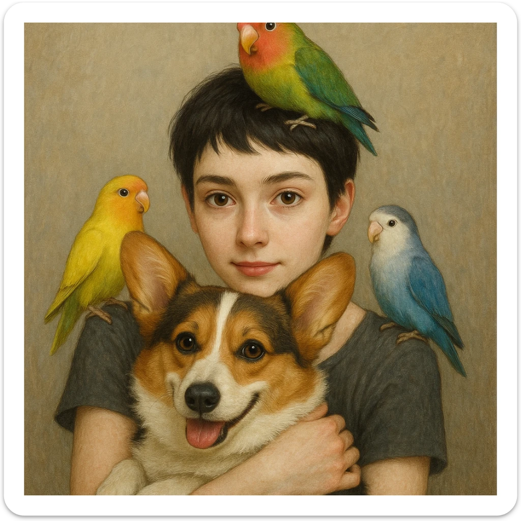 Dark short hair, dark brown eyes with pale skin and thin eyebrows girl hugging a welsh corgi. And a green-reddish lovebird on her head with yellow, blue love birds around her. sticker