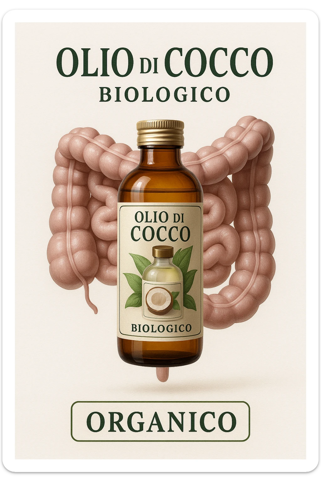 BOCCETTA DI OLIO DI COCCO BIOLOGICO (FAI UN ETICHETTA SUL PRODOTTO IN ITALIANO) CHE FLUTTUA IN ARIA DAVANTI A UN INTESTINO UMANO ANATOMICO IN PERFETTA SALUTE, SFONDO CHIARO, iperrealistico 4k sticker