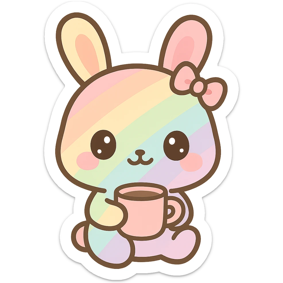 rainbow-hued stitched cartoon bunny girl sipping coffee, big eyes, sweet expression sticker