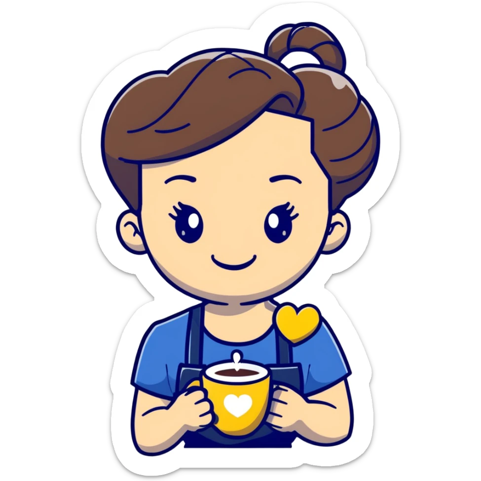 Cute brunette barista girl with hair in a bun wearing yellow shirt and dark blue apron, she's relaxed and making heart-shaped latte art, smiling at the coffee cup with a heart design in the foam sticker