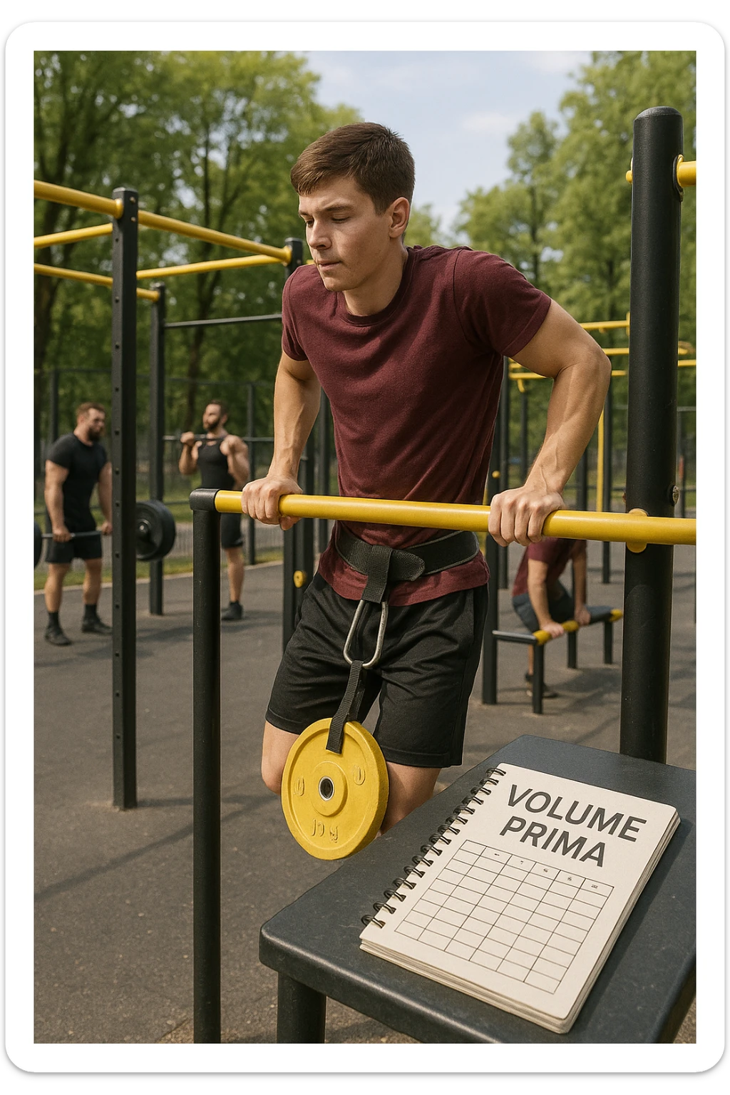 Atleta neofita giovane in un parco attrezzato per streetlifting, fisico ancora in fase iniziale. È intento a eseguire molte ripetizioni di esercizi a corpo libero con pesi leggeri (zavorra moderata), come trazioni e dip su parallele. Accanto a lui un taccuino di allenamento con la scritta 'Volume Prima'. L’atmosfera è luminosa e motivante, con altri atleti più muscolosi che sollevano carichi pesanti, ma lui è concentrato sul gesto tecnico e sulla costanza. Stile realistico, colori naturali, messaggio educativo su priorità all’adattamento progressivo e al volume. sticker