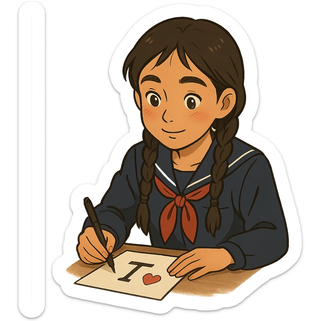 Kazakh girl in Korean school uniform, drawing a T with a heart on paper in ghibli style sticker
