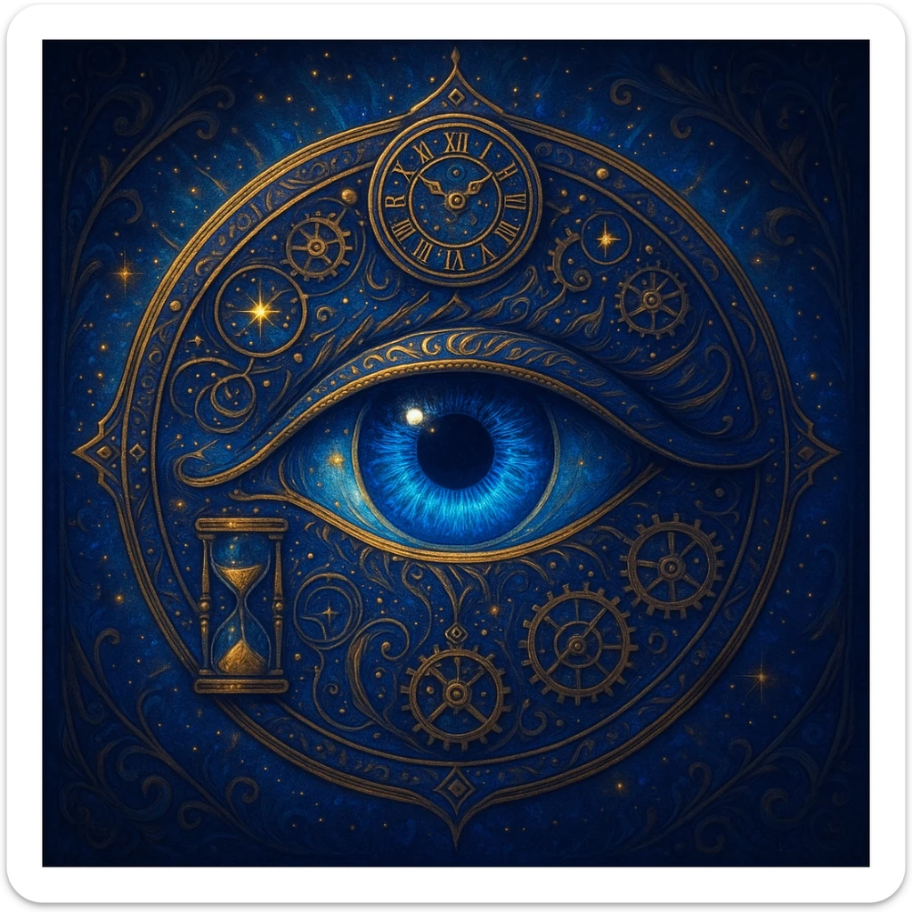 the Eye of Chronos, a mystical eye symbol with ancient, time-related motifs, intricate details, glowing elements, and a sense of power and mystery sticker