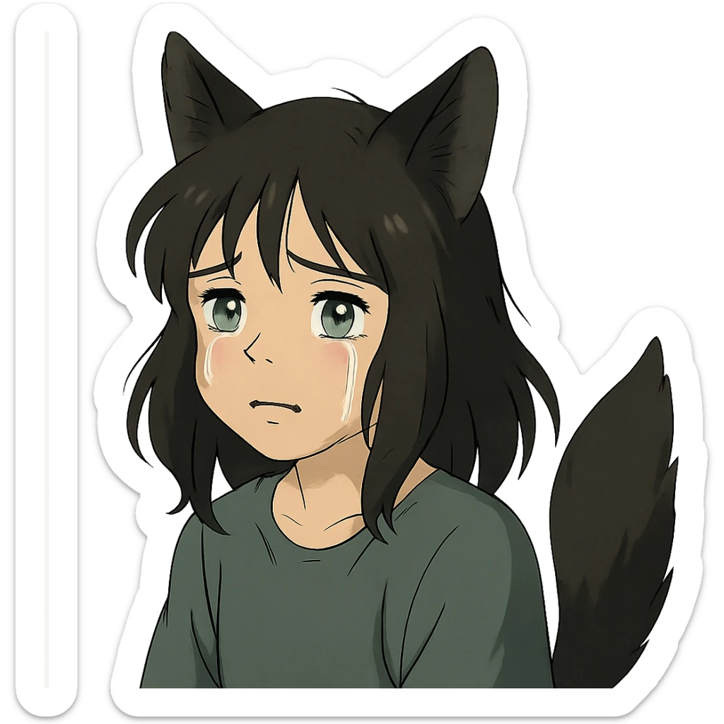 A girl with tears, black fox ears, and a tail, green eyes, dark hair sticker