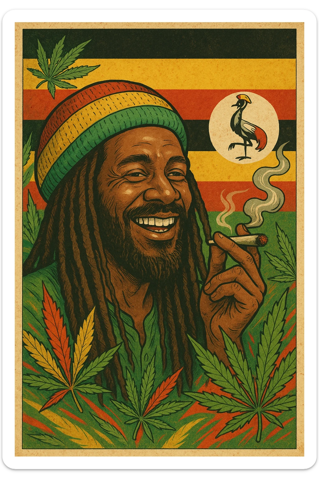“A digital vintage-style poster illustration of a smiling Ugandan Rasta man with long dreadlocks, wearing a red, yellow, green striped tam hat. He is smoking a herbal spliff. The background features the authentic Uganda flag with accurate black, yellow, and red horizontal stripes, and includes the official grey crowned crane emblem on the right side. Surround the scene with stylized cannabis leaves and Rasta colors to enhance the reggae vibe. Use a warm, textured retro color palette and artistic shading to give it a nostalgic roots feel. The mood should be positive, vibrant, and soulful — honoring Ugandan culture and Rasta lifestyle.” sticker