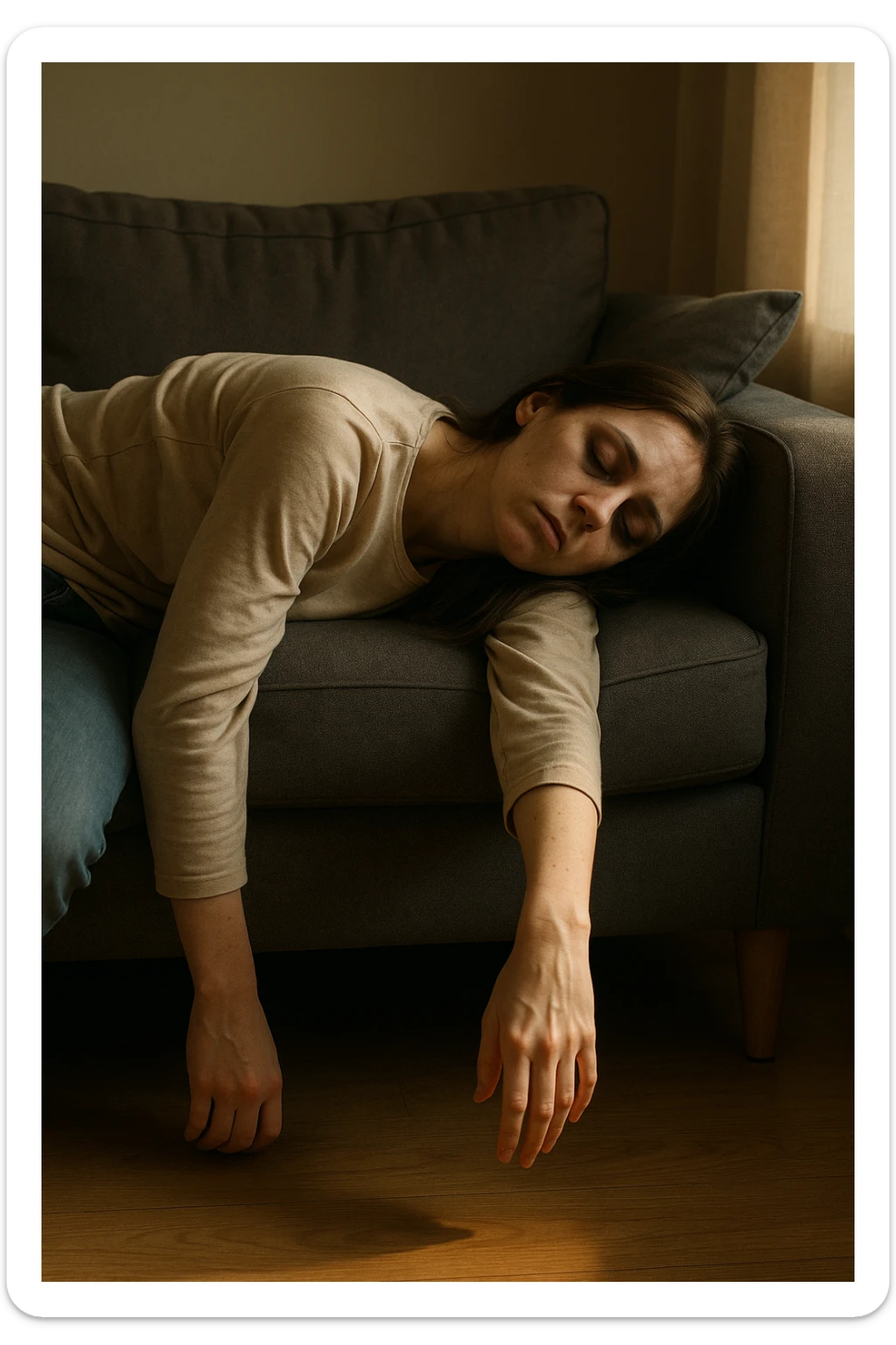 Empathetic photorealistic shot of a woman collapsed on a sofa, her body completely limp as if made of lead. One arm hangs off the edge, touching the floor. Her eyes are closed, face pale with dark circles. The afternoon light is warm but fails to energize the scene, emphasizing her profound exhaustion. sticker