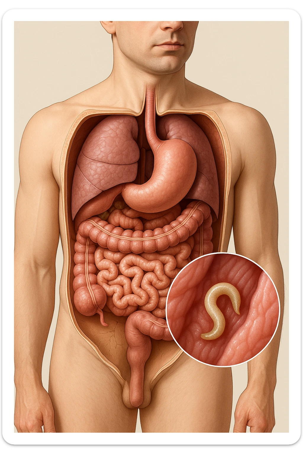 a 3D cutaway view of the human digestive tract, showing an Anisakis larva attached to the intestinal wall. in a man sticker