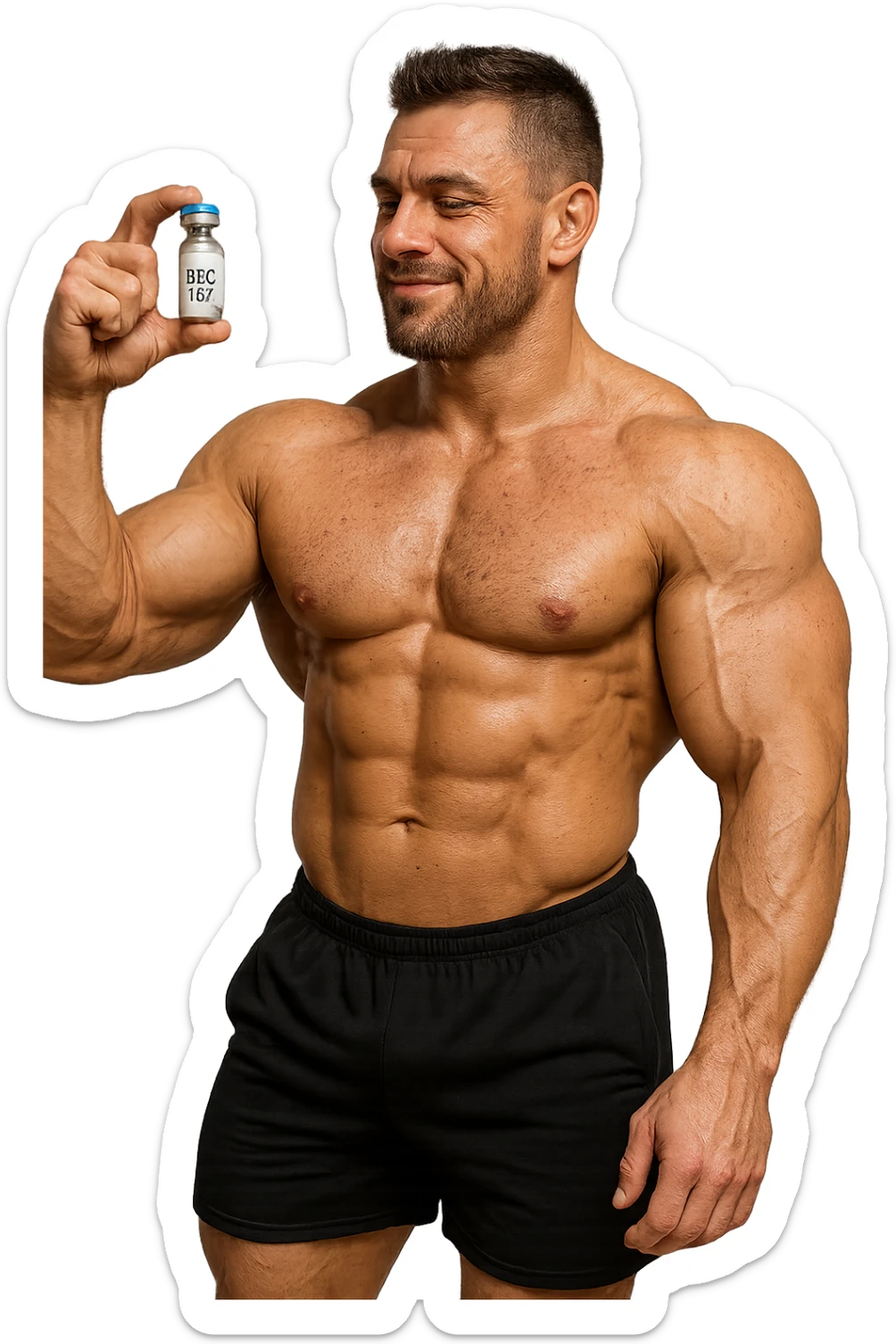 BODYBUILDER A FIGURA INTERA CHE TIENE IN MANO UNA FIALA MEDICA CON la scritta "BPC 157" SULL'ETICHETTA E LA GUARDA SODDISFATTO, iperrealistico 4k sticker