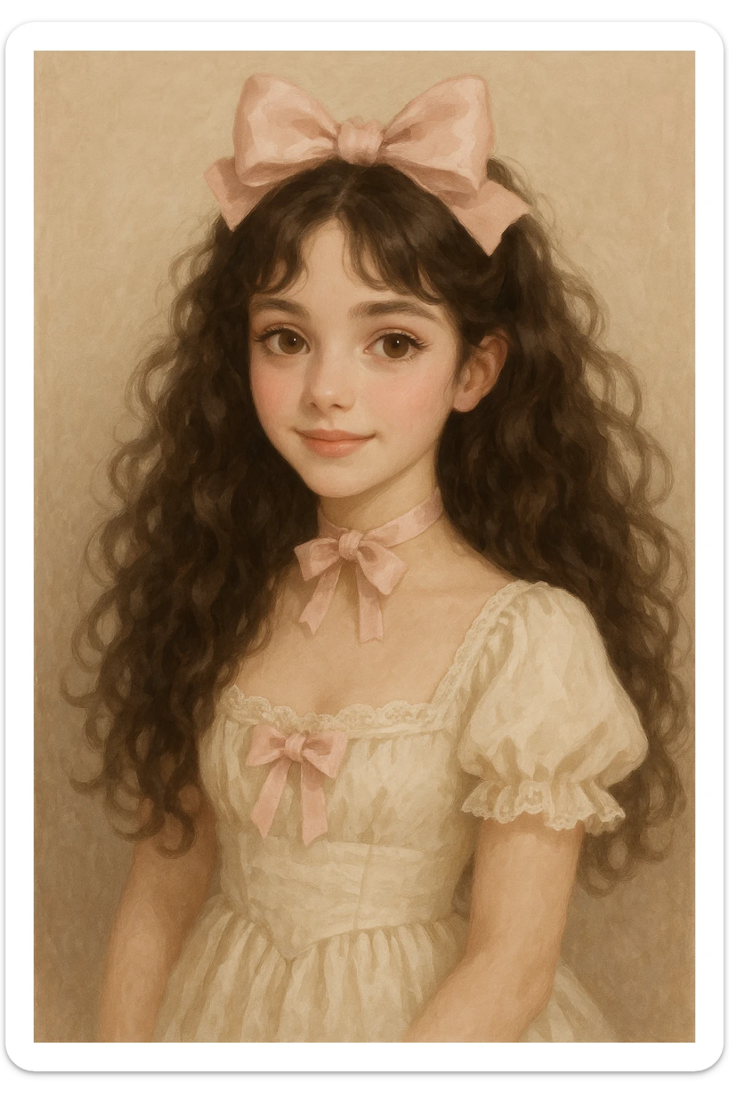 a girl with curly long dark brown hair, brown eyes, coquette style, semi-realistic style sticker