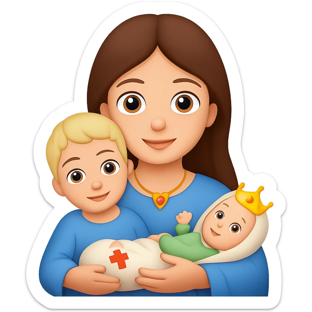 Remove hood from Mary, give her brown hair, keep light skin and baby Jesus, in emoji style. Remove background. sticker
