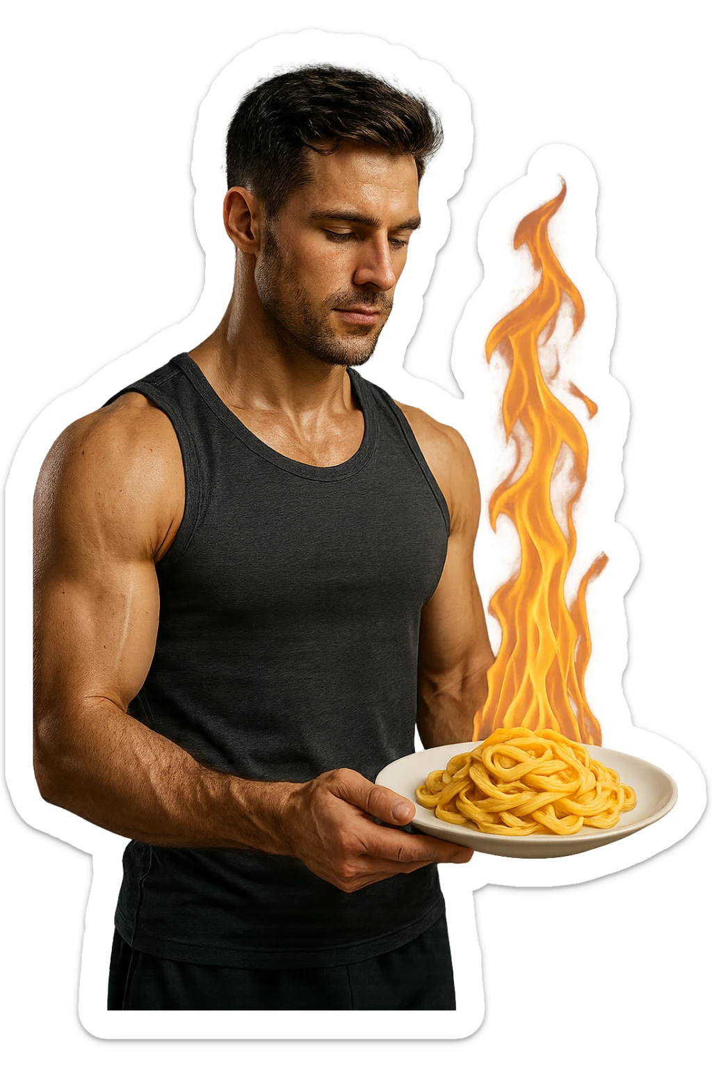 uomo fitness che tiene in mano un piatto di pasta con una fiamma sopra come se stesse simbolicamente bruciando le kcal della pasta, iperrealistico 4k sticker