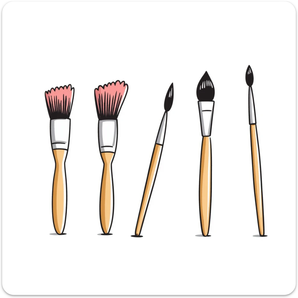Set of artist paintbrushes in different sizes and shapes with wooden handles and colorful bristles. Using specific pastel colors (dd9fb0, ffc6d3, a3bfc9, c4bee2, f1b091). Hand-drawn doodle style with intricate details. Some brushes have paint on their tips. Transparent background. sticker
