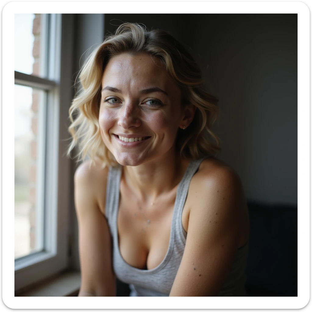 portrait of a young woman with PCOS sitting by a window, natural light highlighting faint facial hair and acne scars, wearing a tank top showing skin pigmentation, soft smile, raw and unfiltered portrait, DSLR photography style, shallow depth of field sticker