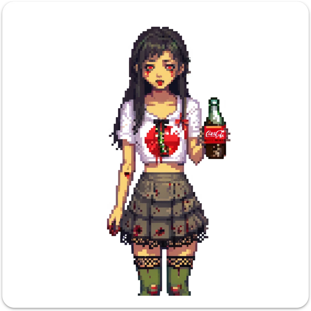 Generate an Asian girl, dark-haired, she's a zombie, wearing a skirt with lace, slightly torn,

Holding a bottle of Coca-Cola in her hands.

Background - a dark street in the style of Gotham City. sticker
