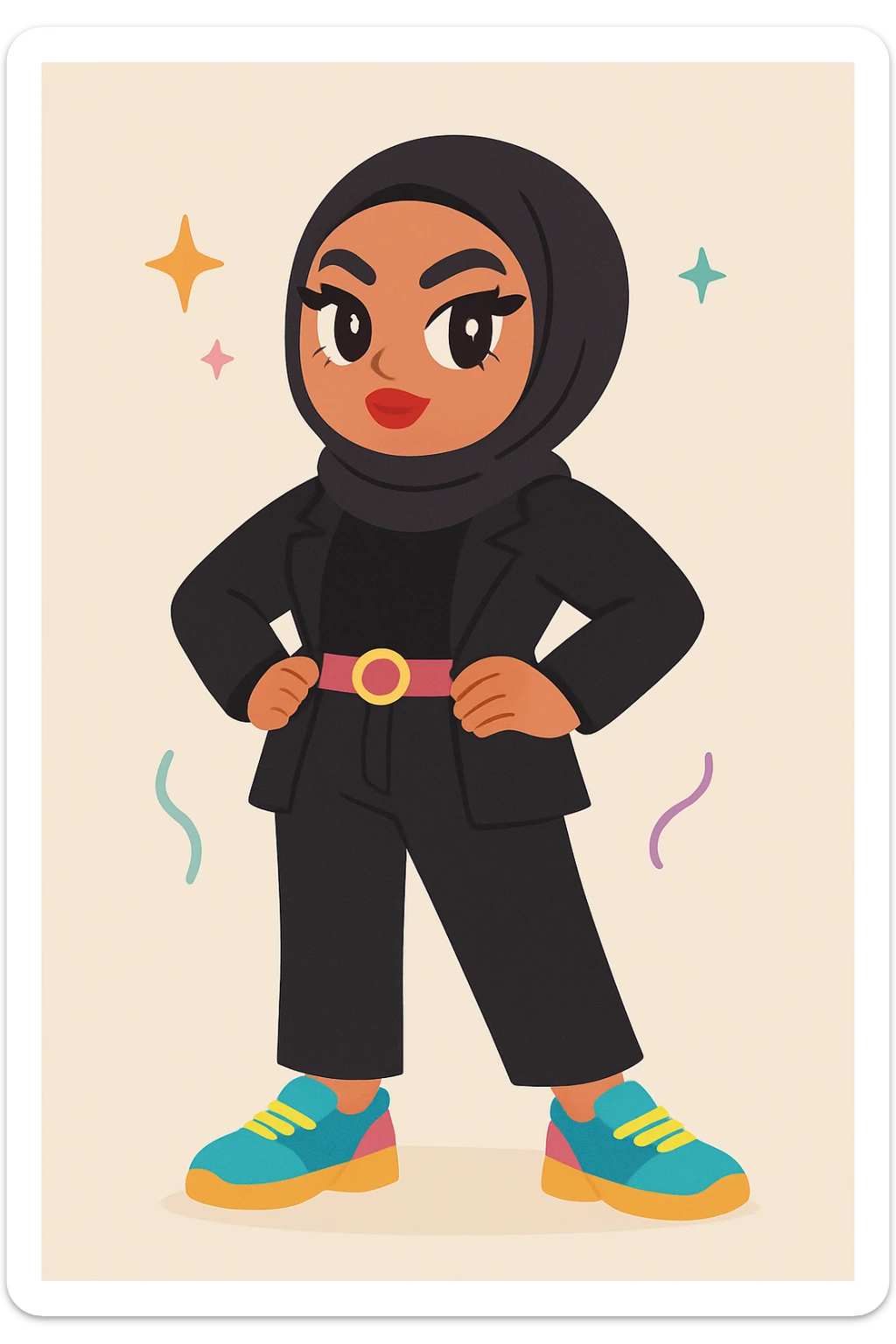 Change the outfit to black or very dark colors while keeping the baddie hijabi style. Maintain a confident pose, bold makeup, trendy outfit, stylish hijab, modern fashion, and attitude. Use vibrant colors only for accessories. sticker