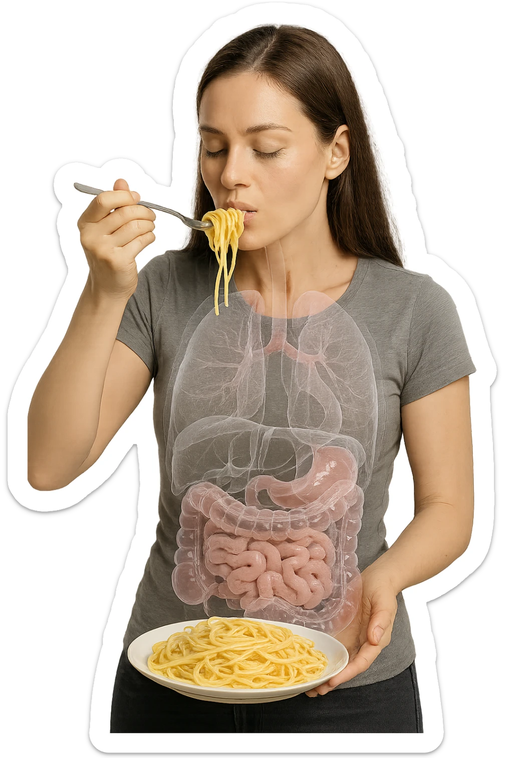 donna con intestino umano anatomico in evidenza che mangia un piatto di pasta, iperrealistico 4k sticker