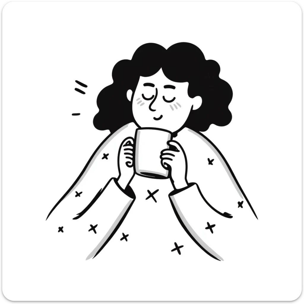 White girl with curly brunette hair snuggled in a blanket sipping coffee with eyes closed, feeling warm and content sticker