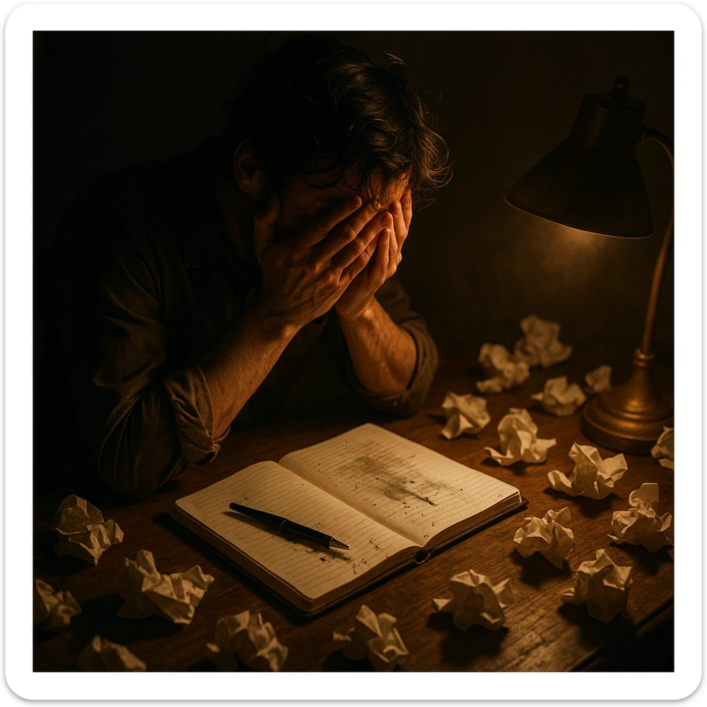 A writer at a wooden desk, head in hands, crying over a notebook. Warm lamp casts dramatic shadows. Crumpled papers everywhere. Emotional, cinematic mood, ink smudged by tears. sticker