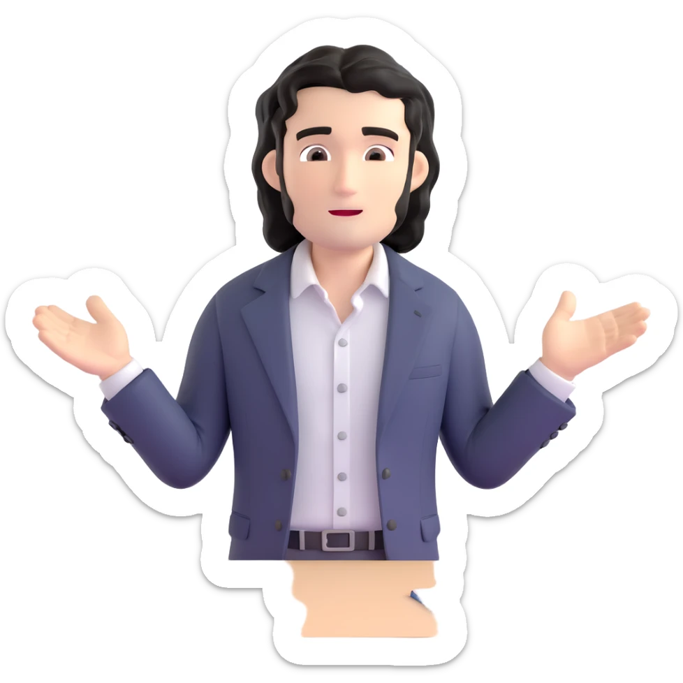 Business strategist man with black wavy hair, stubble, chiseled face, wearing blazer and button-up shirt, standing in front of whiteboard teaching, confident engaging expression sticker