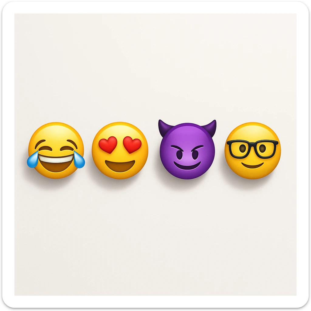 make four emojis on white background with good amount of shadow, four emojis of smiley's only. one laughing, second heart eyes, third purple devil and four black glasses emojis  sticker