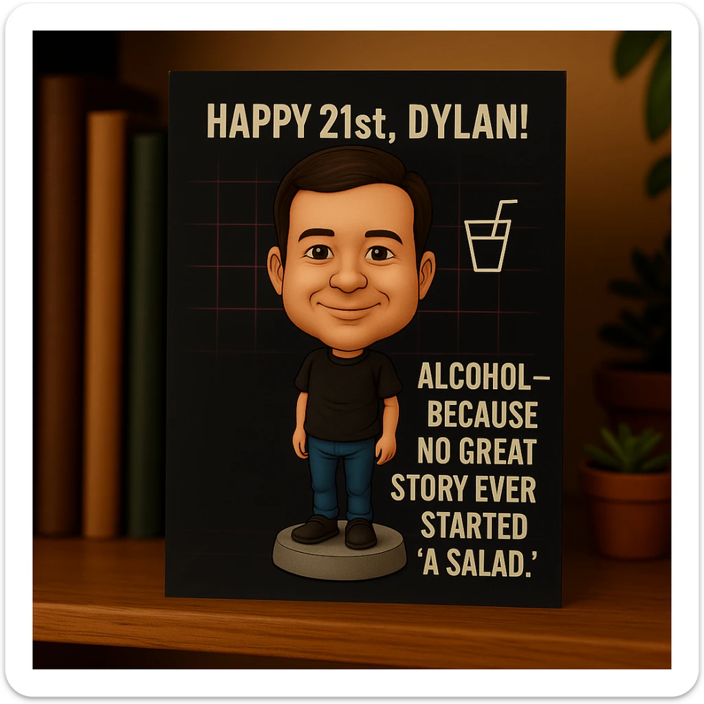 Add a birthday message: 'Happy 21st, Dylan! Wishing you a legendary year ahead.' Keep Dylan as a bobblehead character, minimal neon grid background, one drink icon, bold chrome text for the quote, and maintain the clean, balanced layout in the bobblehead style sticker