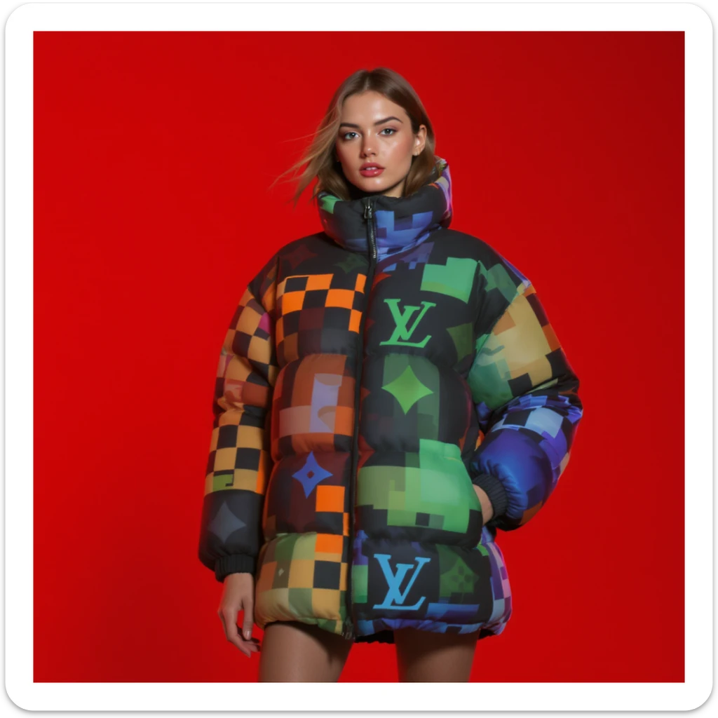Medium shot, "Echo print effect" motion blur, Photo of a woman dress in abstract (black orange green and blue) grid puffer Louis Vuitton jacket, red solid background, express body, spot light with hard light sticker