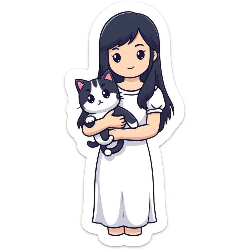 beautiful girl with long black hair wearing a white dress holding a cat in her arms sticker