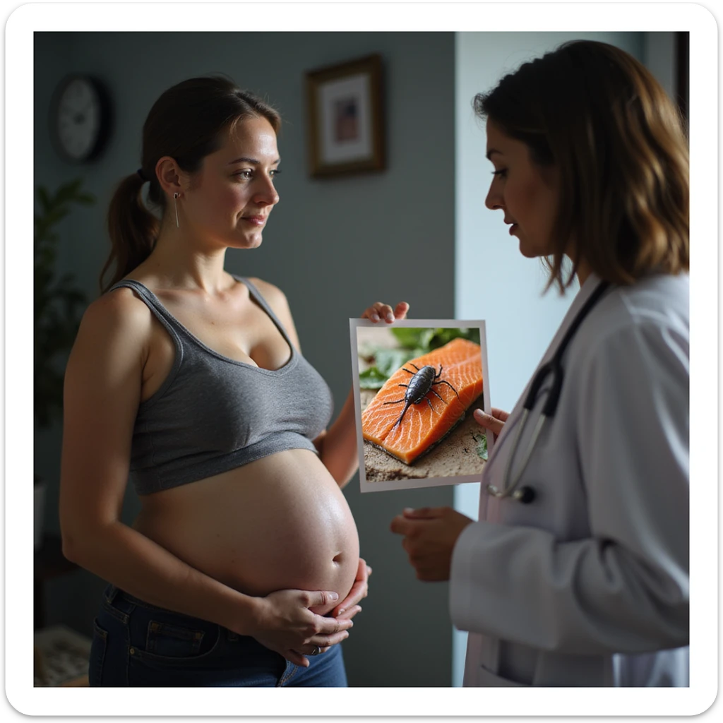 realistic pregnant woman in 4K consulting doctor or nutritionist with professional showing photo or diagram highlighting parasites in salmon flesh sticker