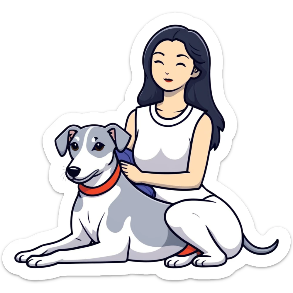 Very thin Chinese woman with long black hair relaxing in a luxurious hotel suite with exactly ONE whippet dog. EXTREME IMPORTANCE: the whippet must be ONE SOLID MEDIUM GREY COLOR (not too dark, not too light) from nose to tail with ABSOLUTELY NO WHITE MARKINGS anywhere - NO white on face, NO white on muzzle, NO white on chest, NO white on paws, NO white on tail - NOTHING BUT A SINGLE SHADE OF MEDIUM GREY throughout the entire animal sticker