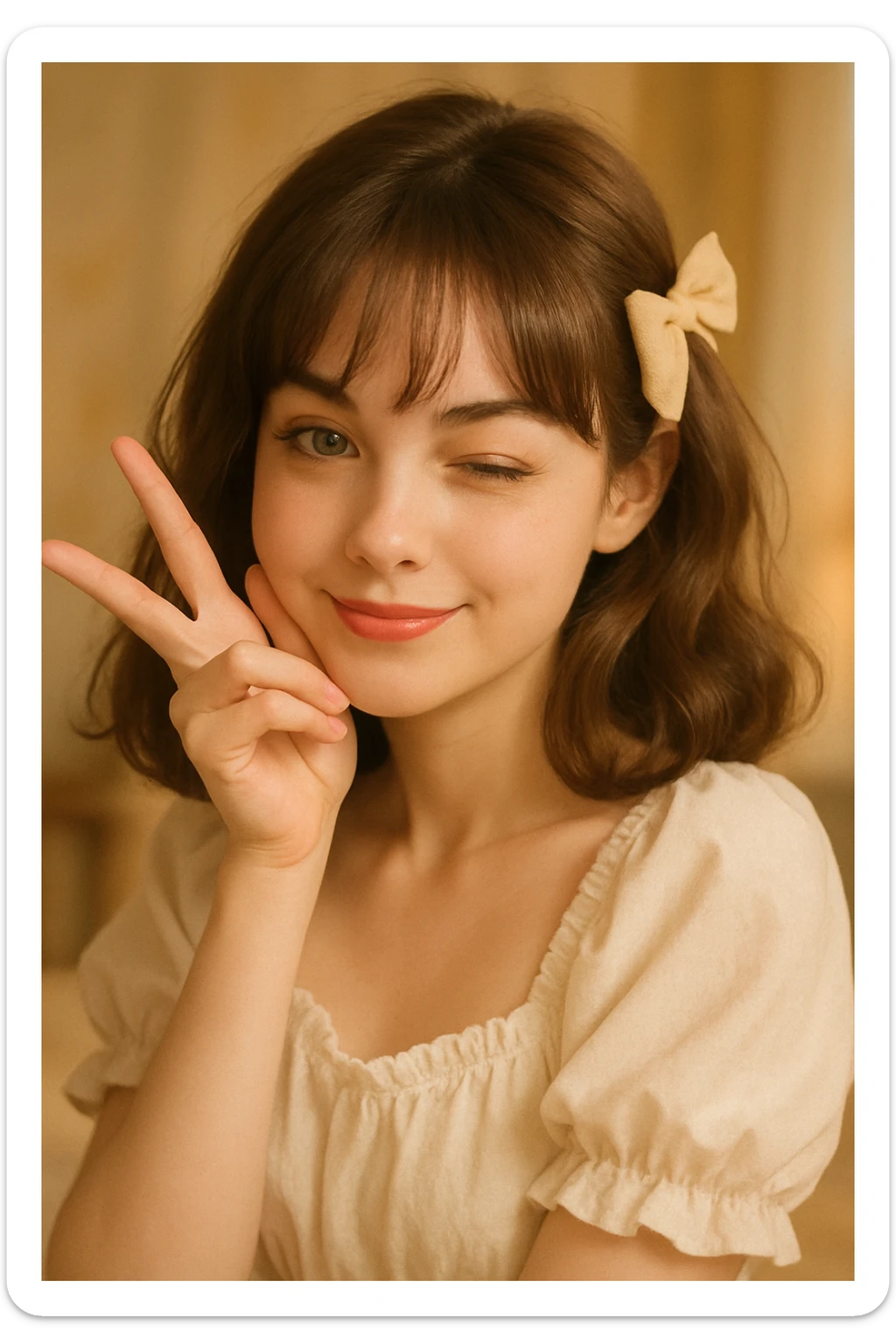 coquette girl with midi dark brown slightly wavy hair, bright skin, greenish hazel eyes, small cute lips, in a charming and playful pose sticker