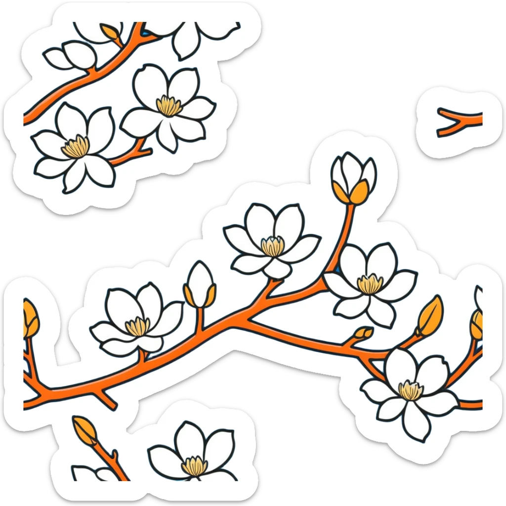 Artistic Japanese Magnolia kobus (kobushi) blossom with elegant composition reminiscent of kimono patterns, white star-shaped flowers on dark branch, gold accents, soft blue background sticker