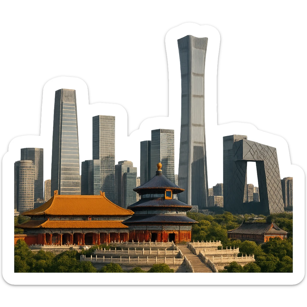 cinematic, realistic emoji of Beijing skyline featuring iconic landmarks such as the Forbidden City, Temple of Heaven, and modern skyscrapers, lifelike detail, accurate colors, bright lighting, wide city view, no sky, fully transparent background sticker