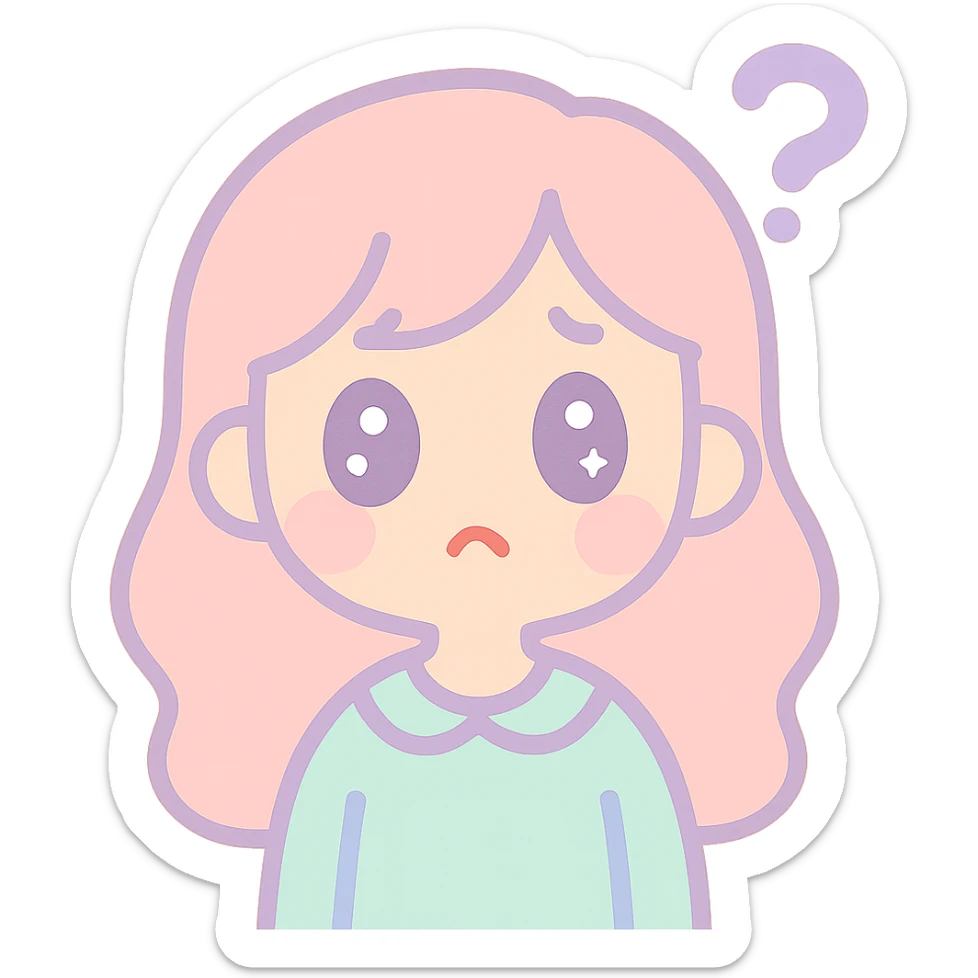 kawaii style young woman with big eyes looking upwards with a confused expression, pastel background sticker