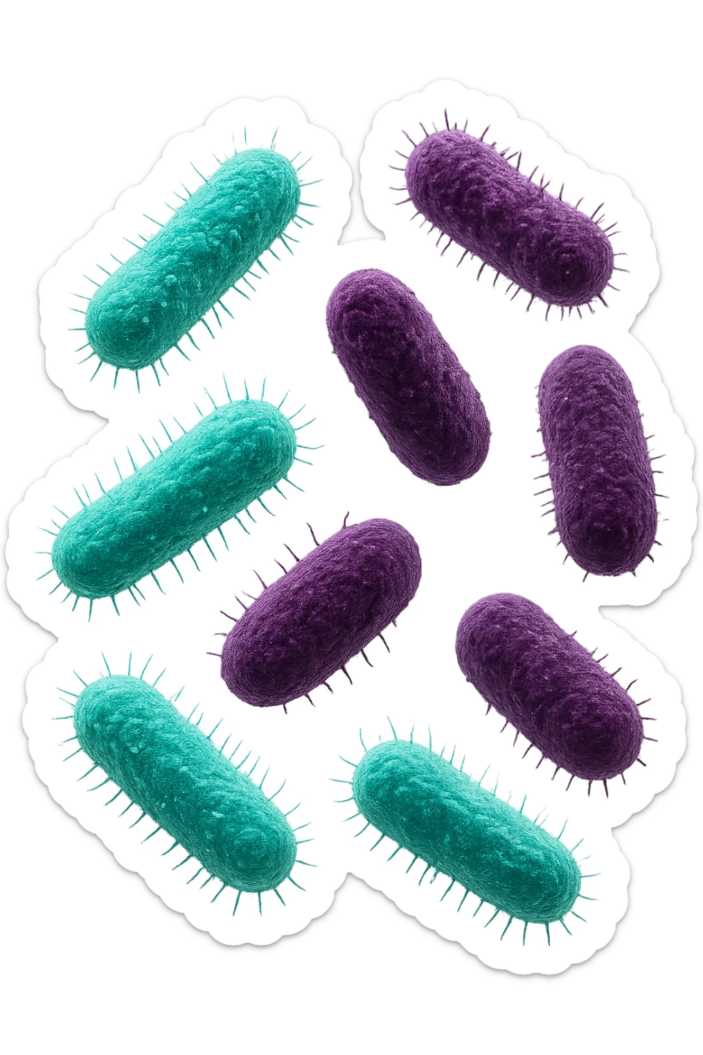 5 BATTERI BUONI E 5 BATTERI CATTIVI FLUTTUANO IN ARIA, I BATTERI BUONI FALLI TURCHESI, I BATTERI CATTIVI FALLI VIOLA, IPERREALISTICO 4K, NON DISEGNATO sticker