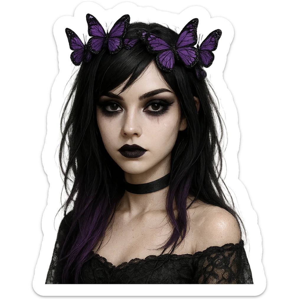 emo girl with dark hair, purple highlights, gothic makeup, butterfly crown, mysterious and elegant sticker