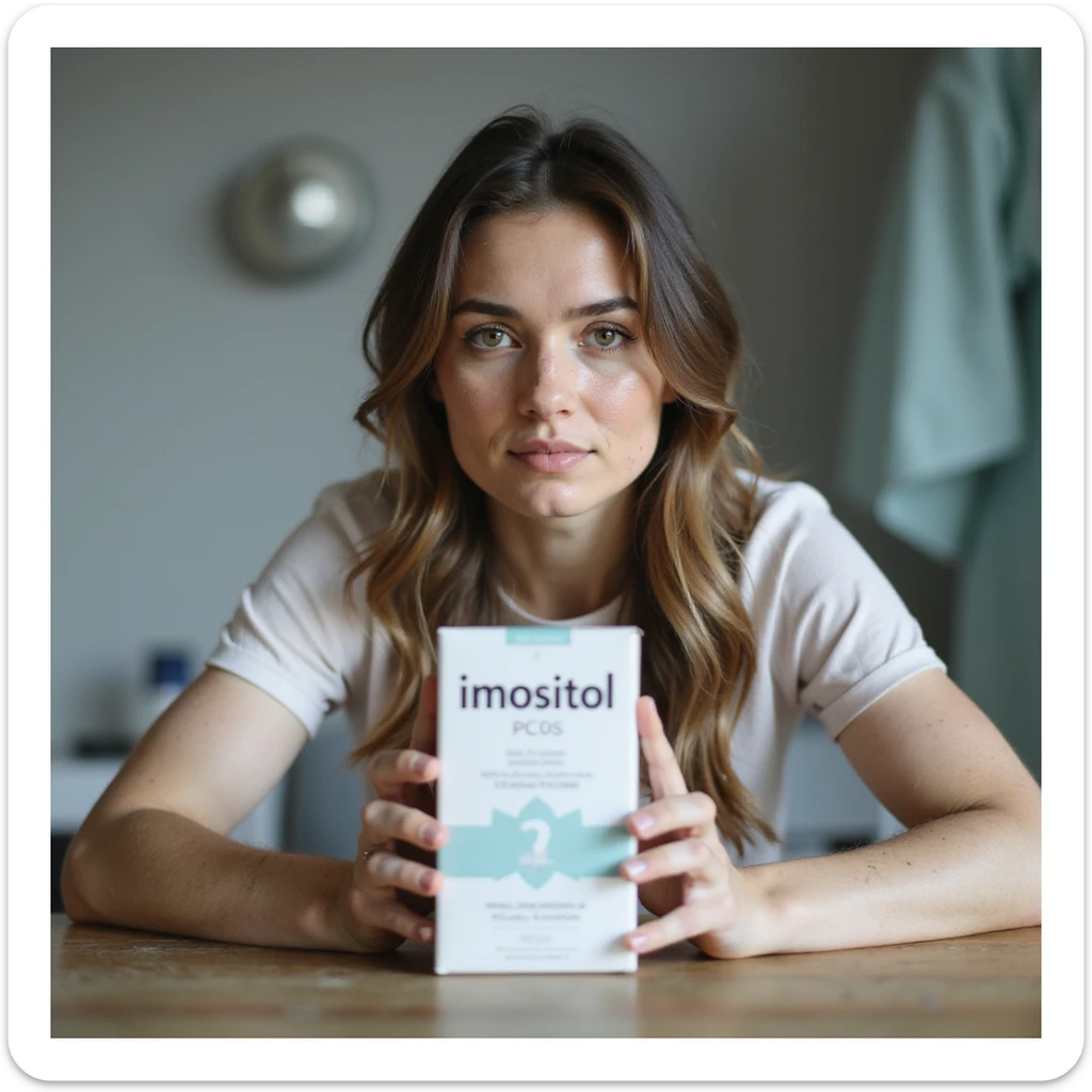 realistic photo of a woman with PCOS sitting at a table, showing a box of inositol towards the camera, face with acne marks, chin facial hair, thin hair, clinical environment, soft light sticker