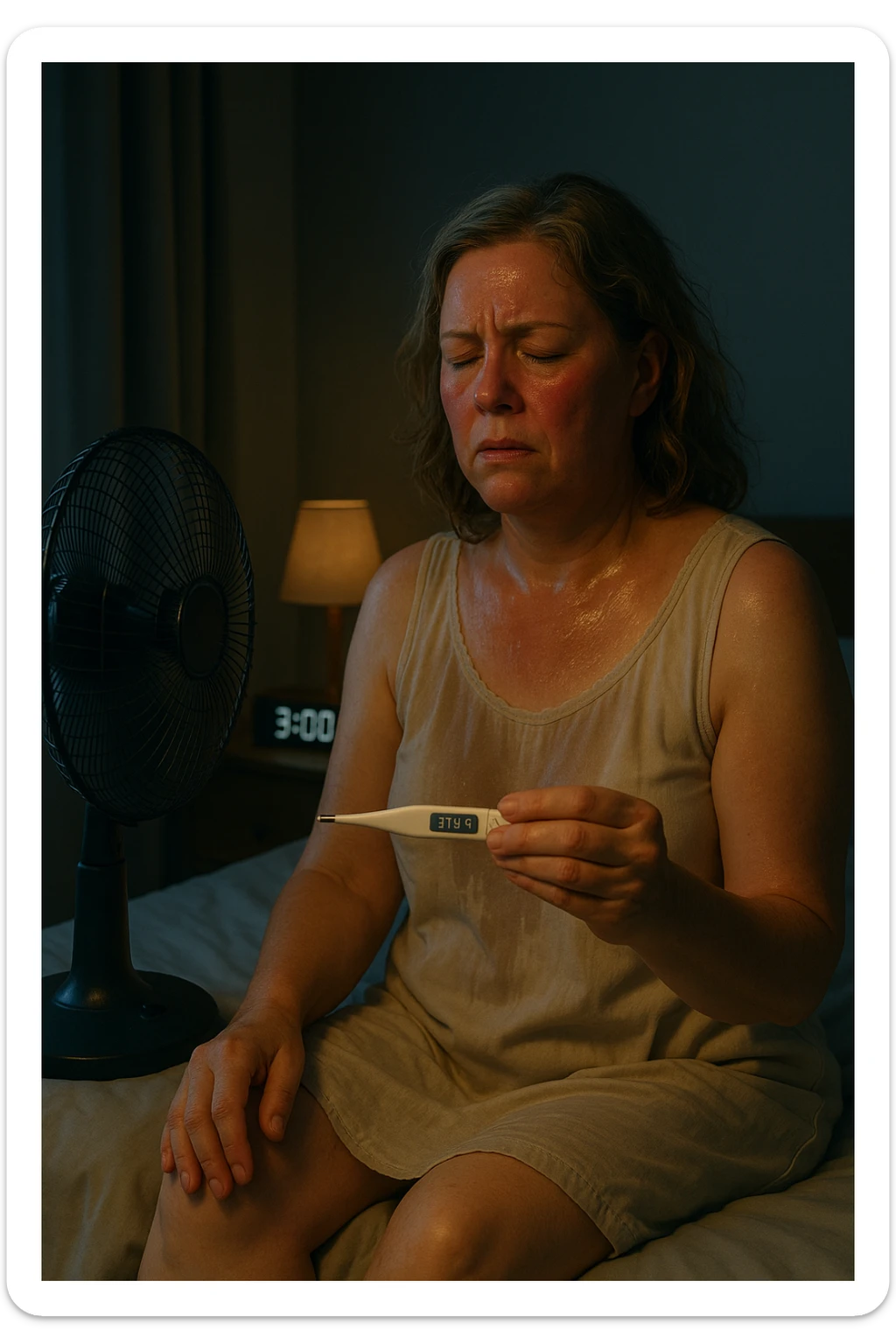 50-year-old woman sitting on bed at 3AM, nightgown soaked in sweat, face flushed as she holds thermometer showing 37.8°C, fan blowing directly on her sticker