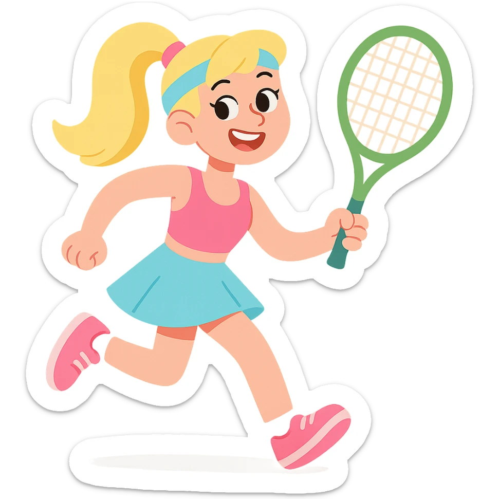 Barbie in a sporty outfit, energetic, ponytail, holding a tennis racket, bright and cheerful sticker