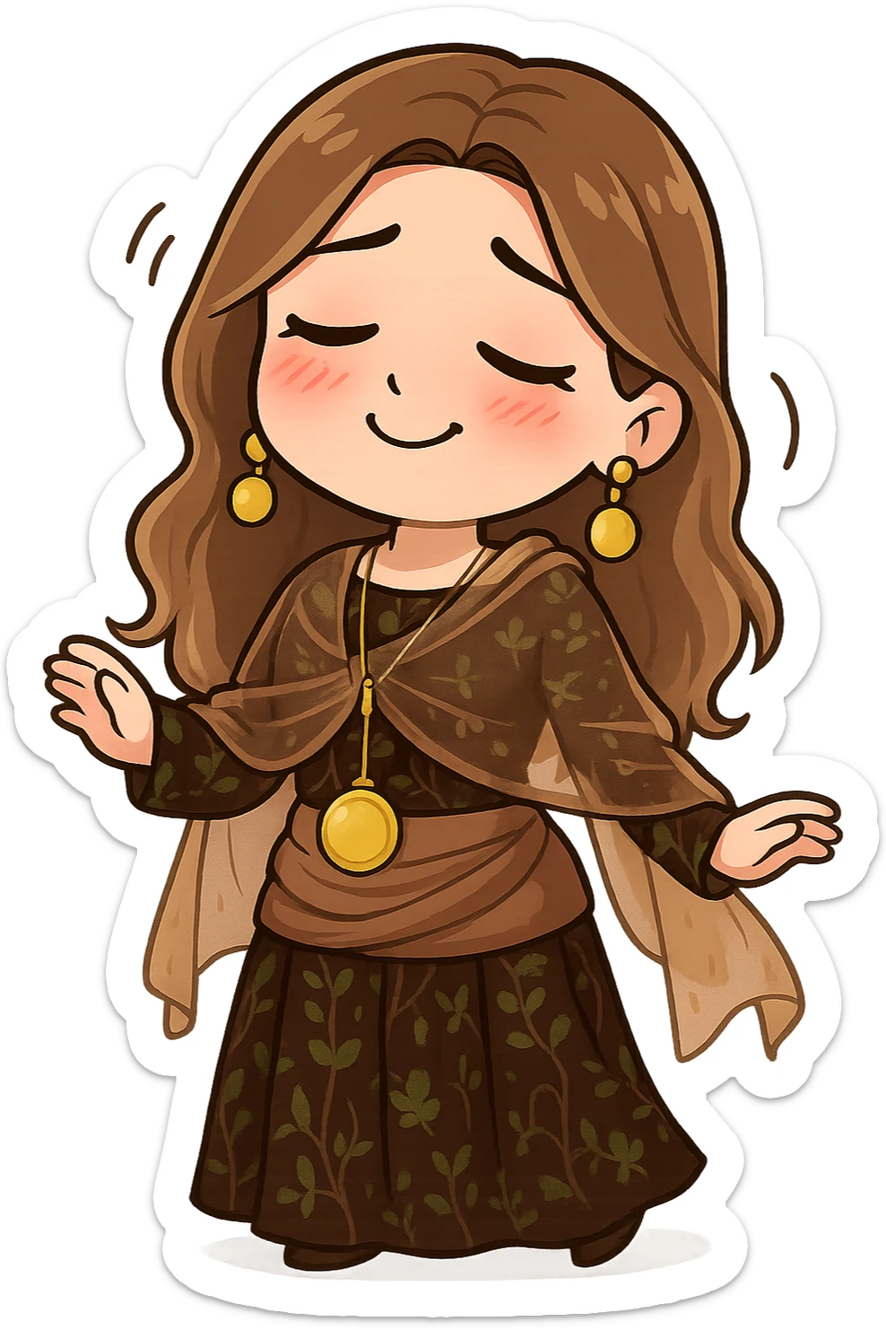 Kurdish cartoon sticker of the same woman in the new dress, tipsy or slightly drunk, rosy cheeks, relaxed smile, swaying, no text, transparent background sticker